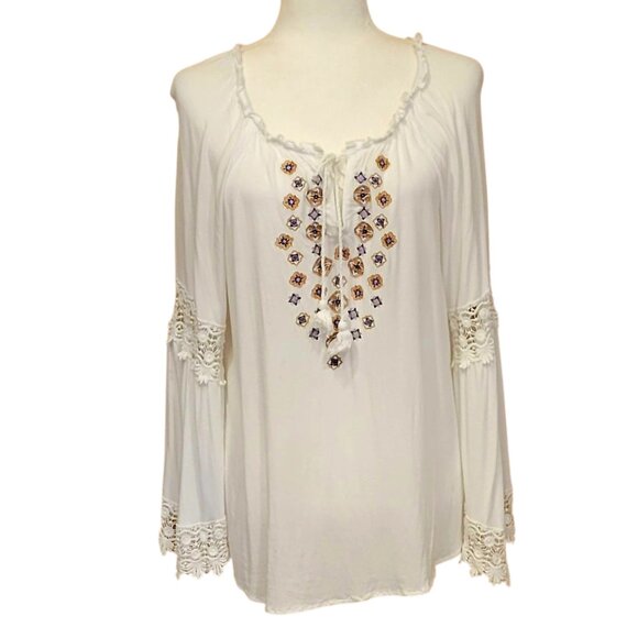 Democracy Embroidered Ivory Gauzy Bohemian Peasant Top with Bell Sleeves Sz L - Picture 5 of 14